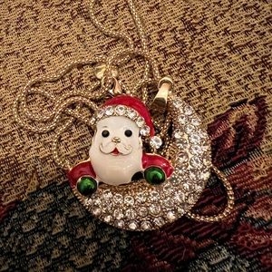 Betsey Johnson, Santa on moon necklace. New in pkg